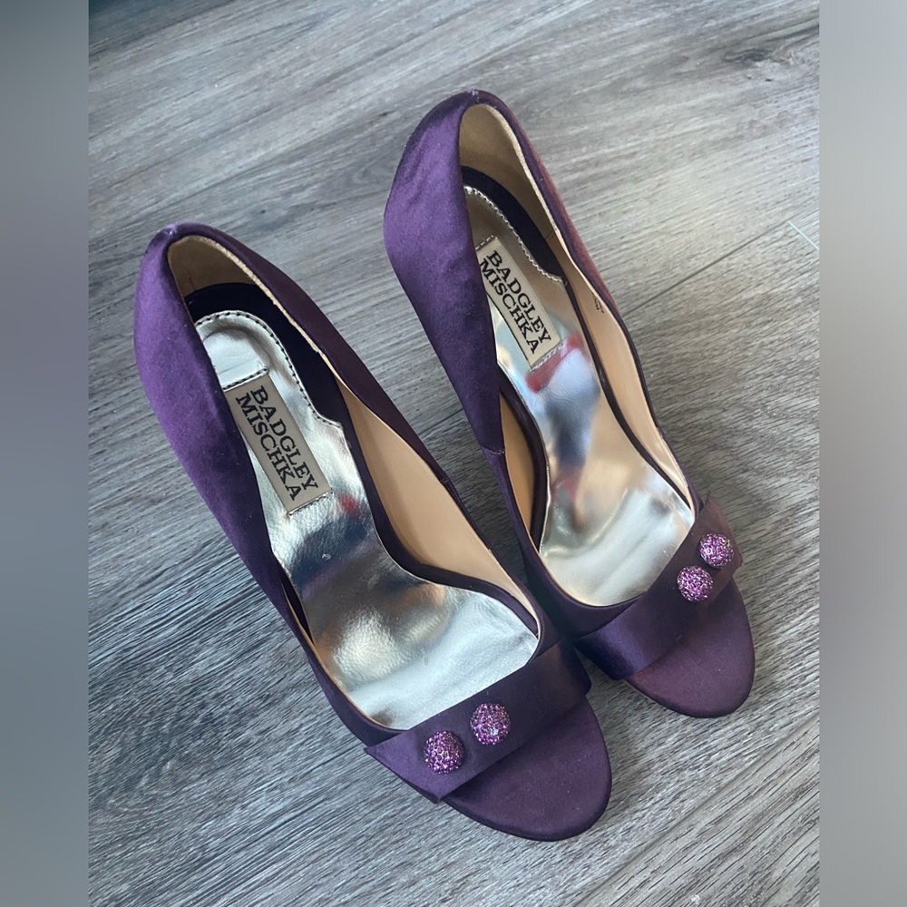 Badgley Mischka Purple Satin Peep Toe with gem stone balls